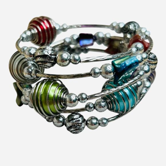 Colorful Caged Bead Silver Tone Flex Wire Stretch Bracelet - Picture 2 of 5